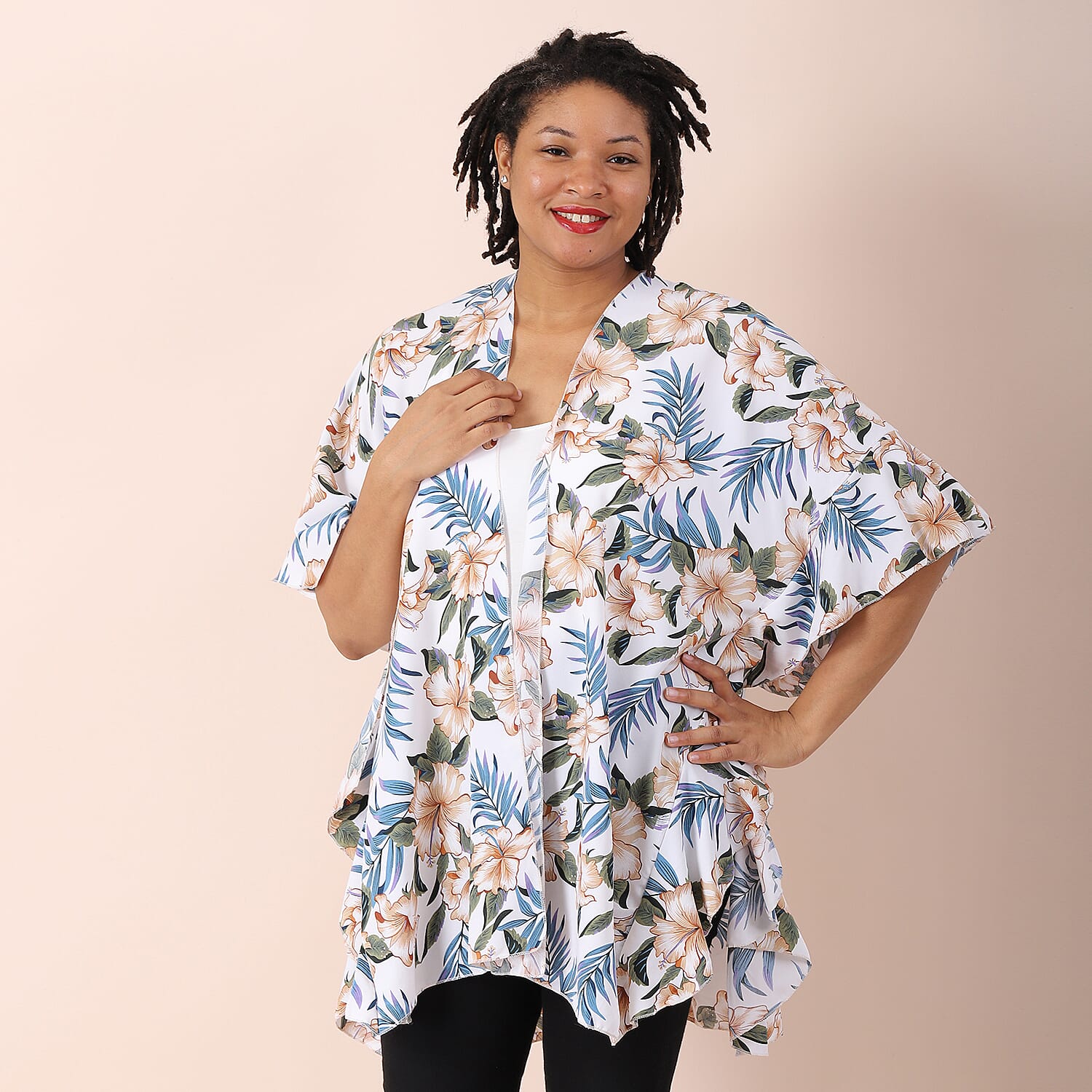 JOVIE Hibicus Floral Pattern Kimono with Ruffle Sleeves (Size 80x93cm) - White