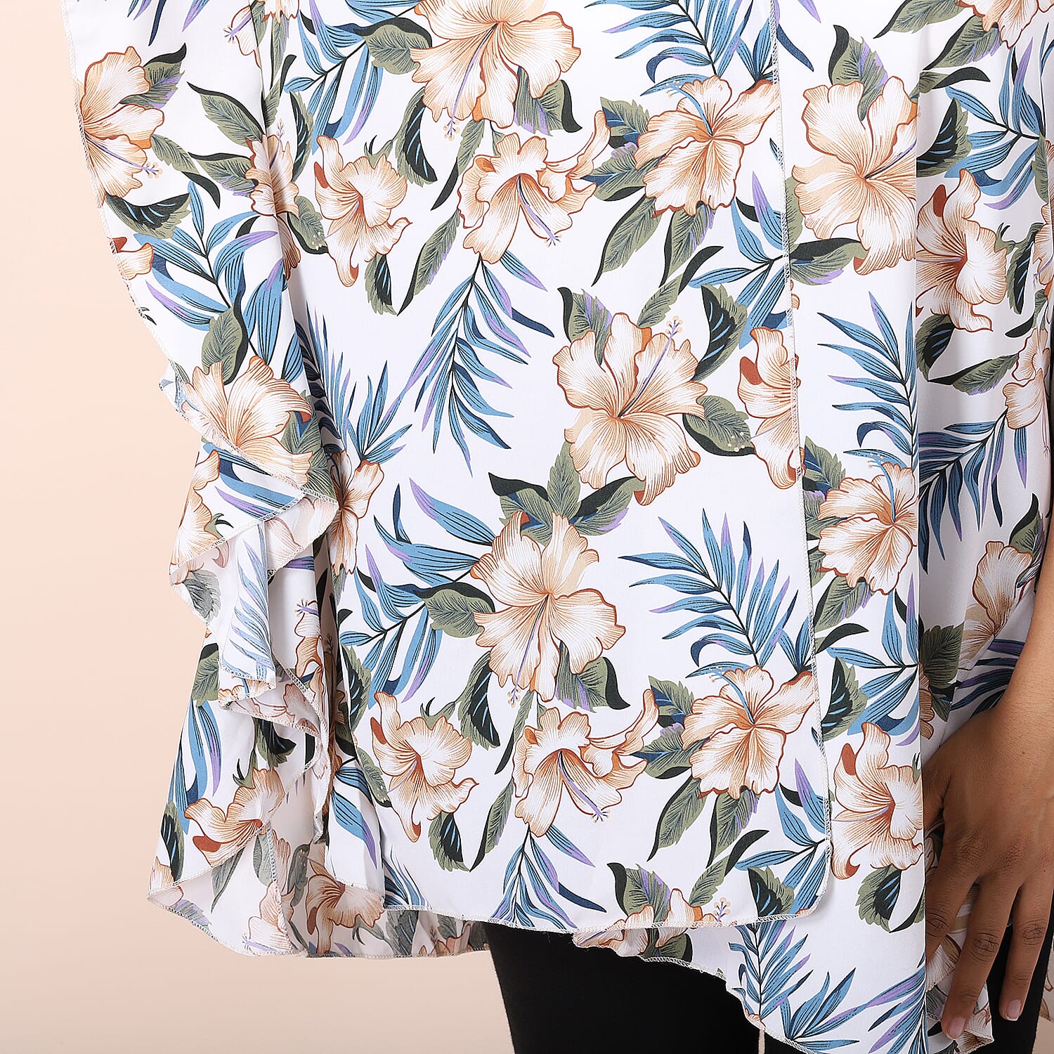 JOVIE Hibicus Floral Pattern Kimono with Ruffle Sleeves (Size 80x93cm) - White