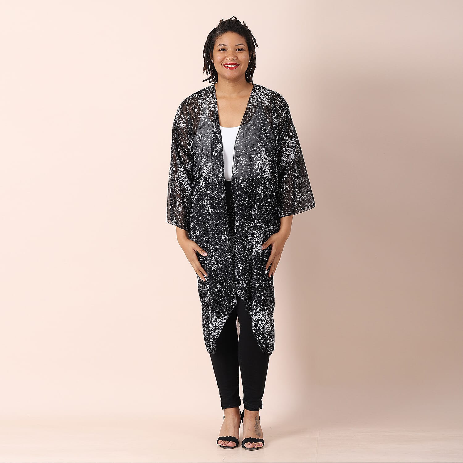 JOVIE Artistic Flower Pattern Chiffon Long Kimono - Sky Blue