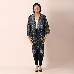 JOVIE Floral Pattern Chiffon Long Cardigan (Size 117x56cm) - Black