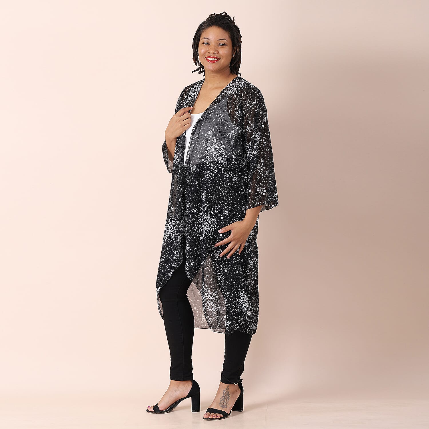 JOVIE Artistic Flower Pattern Chiffon Long Kimono - Sky Blue