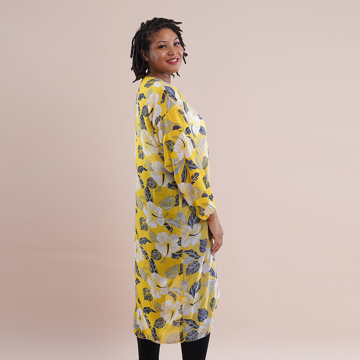 JOVIE Leaves Pattern Chiffon Long Cardigan (Size 117x56cm) - Yellow