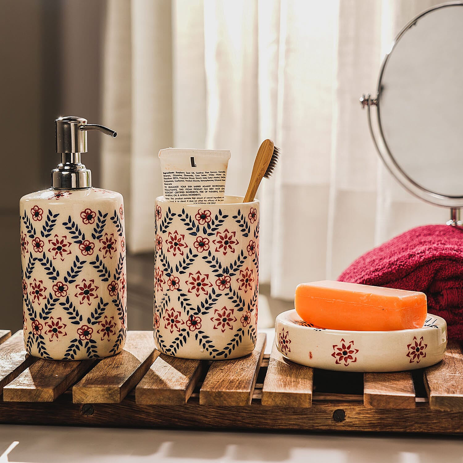 Set of 3 - Ceramic Bathroom Accessory (Liquid Soap Dispenser, Soap Dish & Toothbrush Holder)- Red & Navy