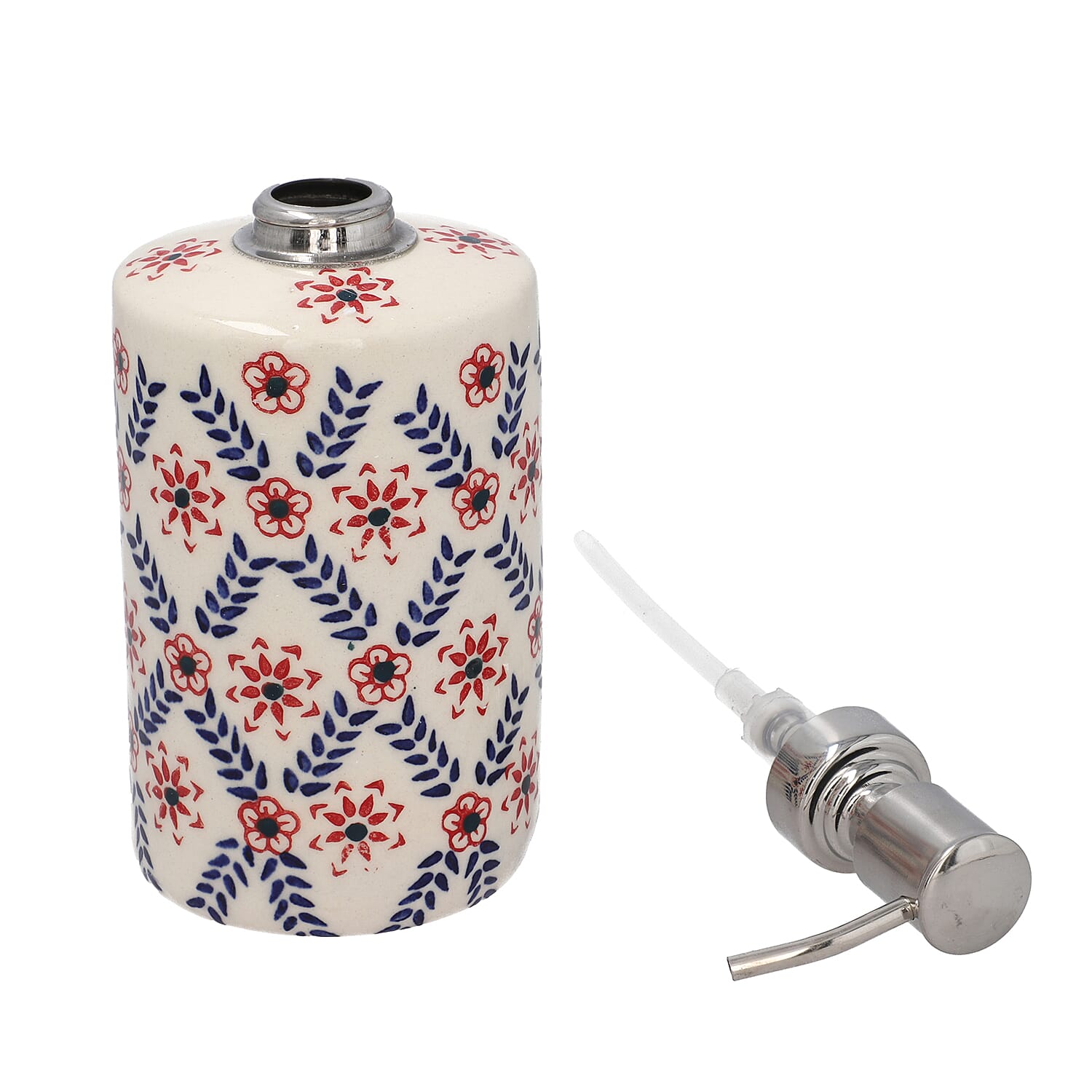 Set of 3 - Ceramic Bathroom Accessory (Liquid Soap Dispenser, Soap Dish & Toothbrush Holder)- Red & Navy