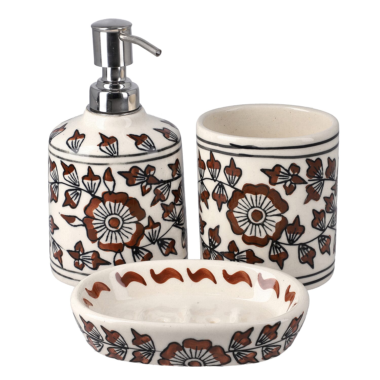 Set of 3 - Ceramic Bathroom Accessory (Liquid Soap Dispenser, Soap Dish & Toothbrush Holder) - Brown