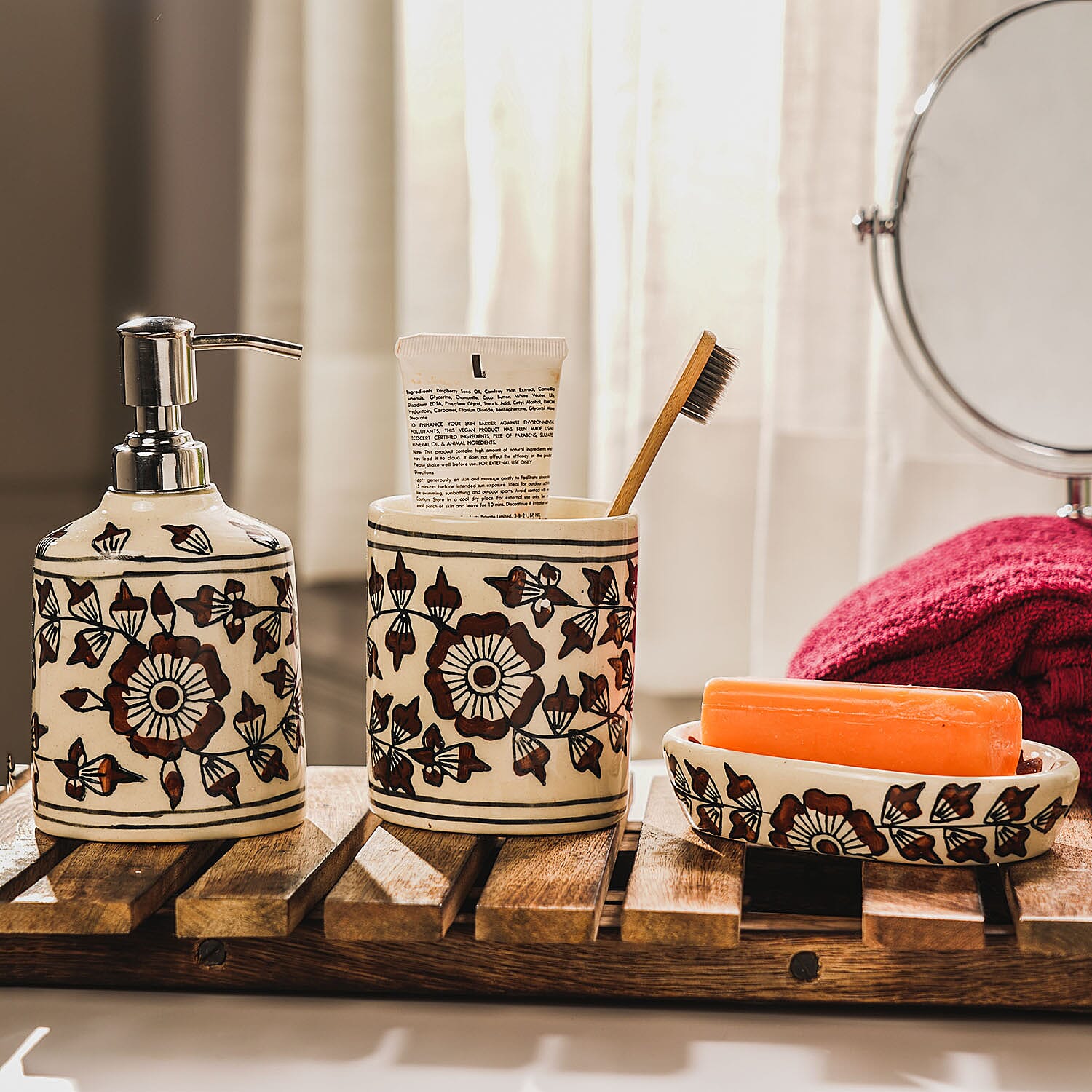 Set of 3 - Ceramic Bathroom Accessory (Liquid Soap Dispenser, Soap Dish & Toothbrush Holder) - Brown