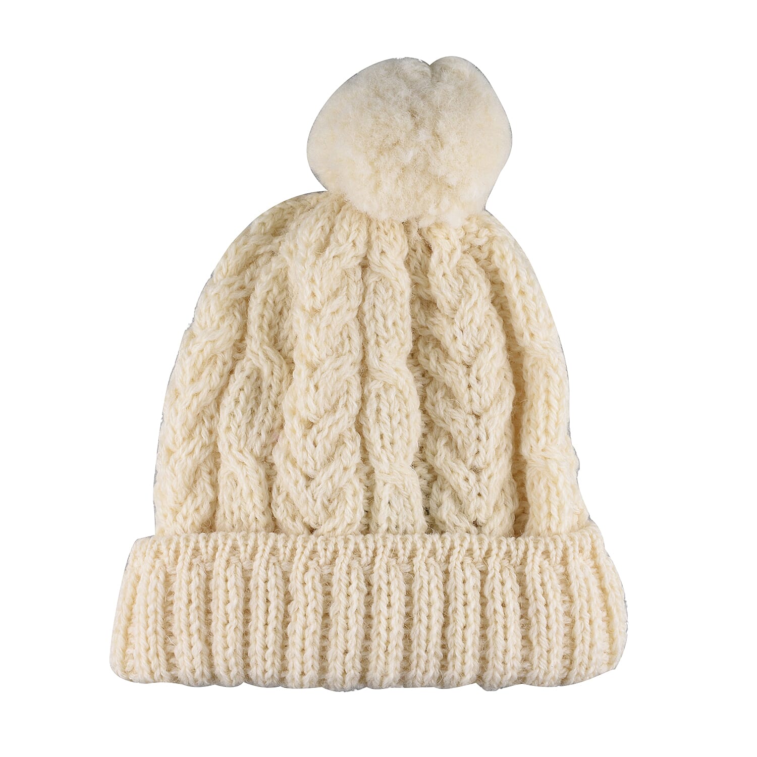 ARAN Woollen 100% Pure Wool Cable Hat with Pom Pom - Cream
