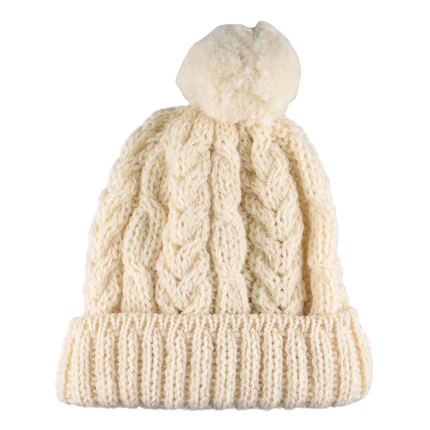 ARAN Woollen 100% Pure Wool Cable Hat with Pom Pom - Cream