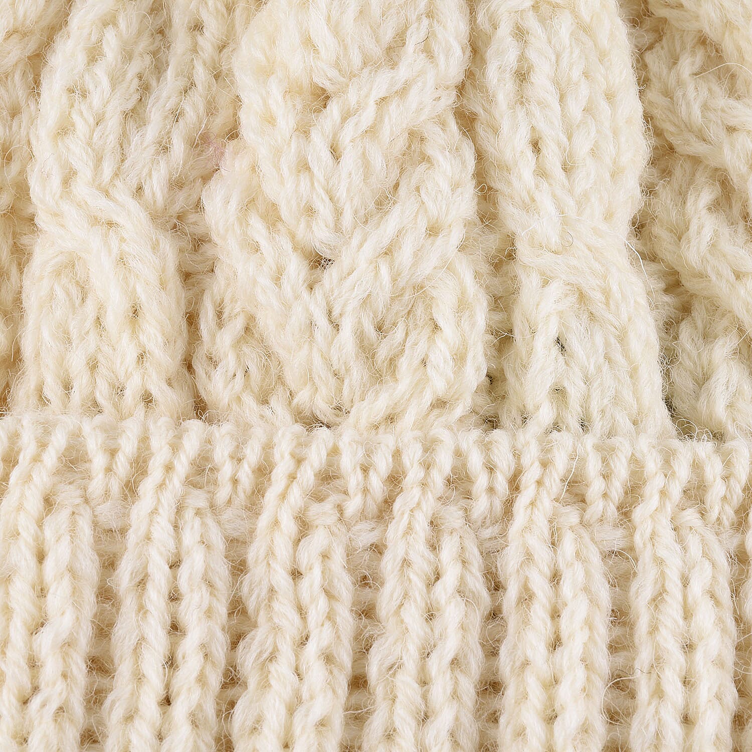 ARAN Woollen 100% Pure Wool Cable Hat with Pom Pom - Cream
