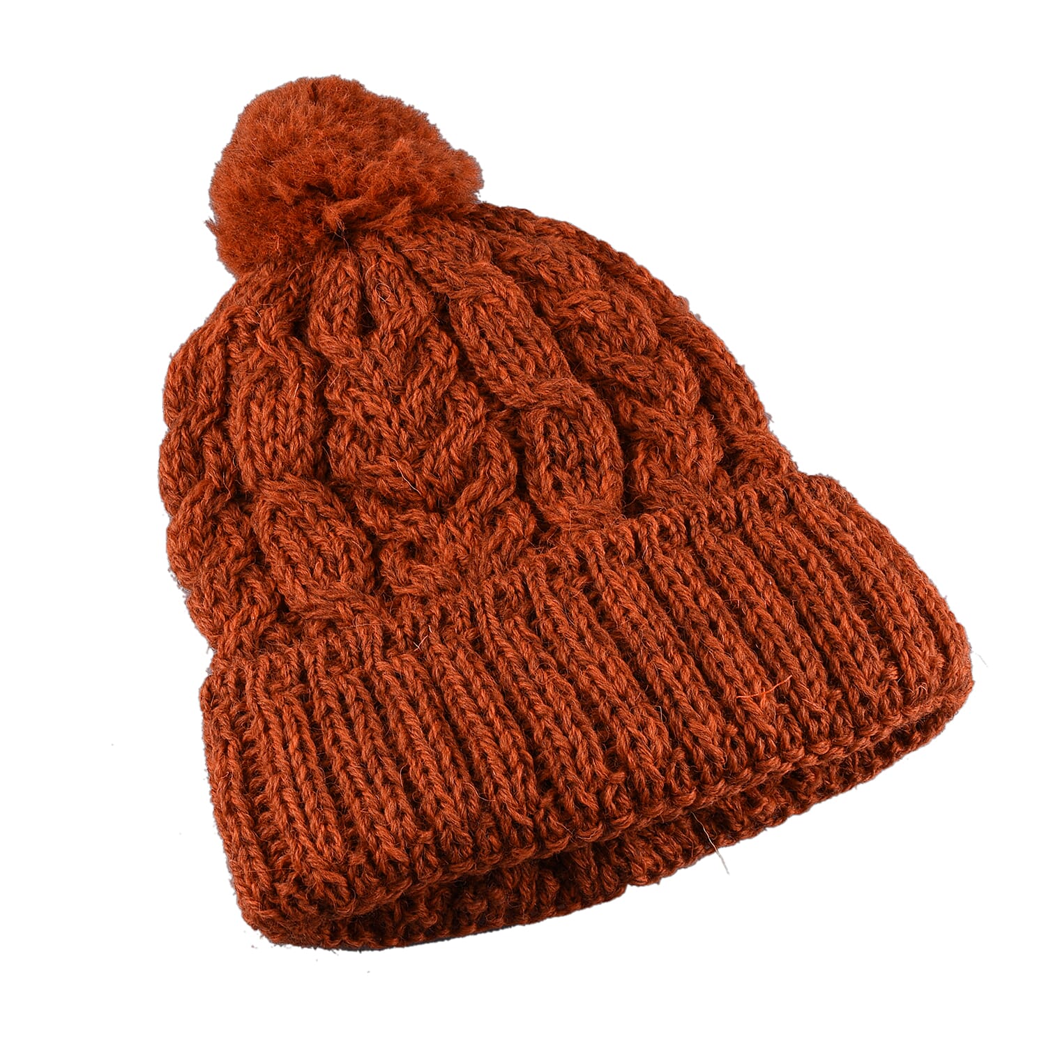 ARAN Woollen 100% Pure Wool Cable Hat with Pom Pom - Orange
