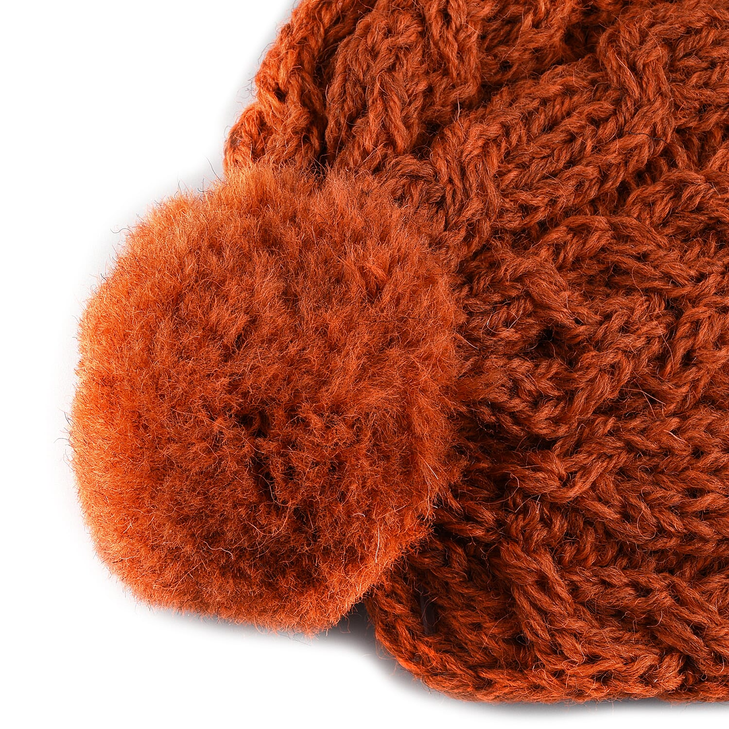 ARAN Woollen 100% Pure Wool Cable Hat with Pom Pom - Orange