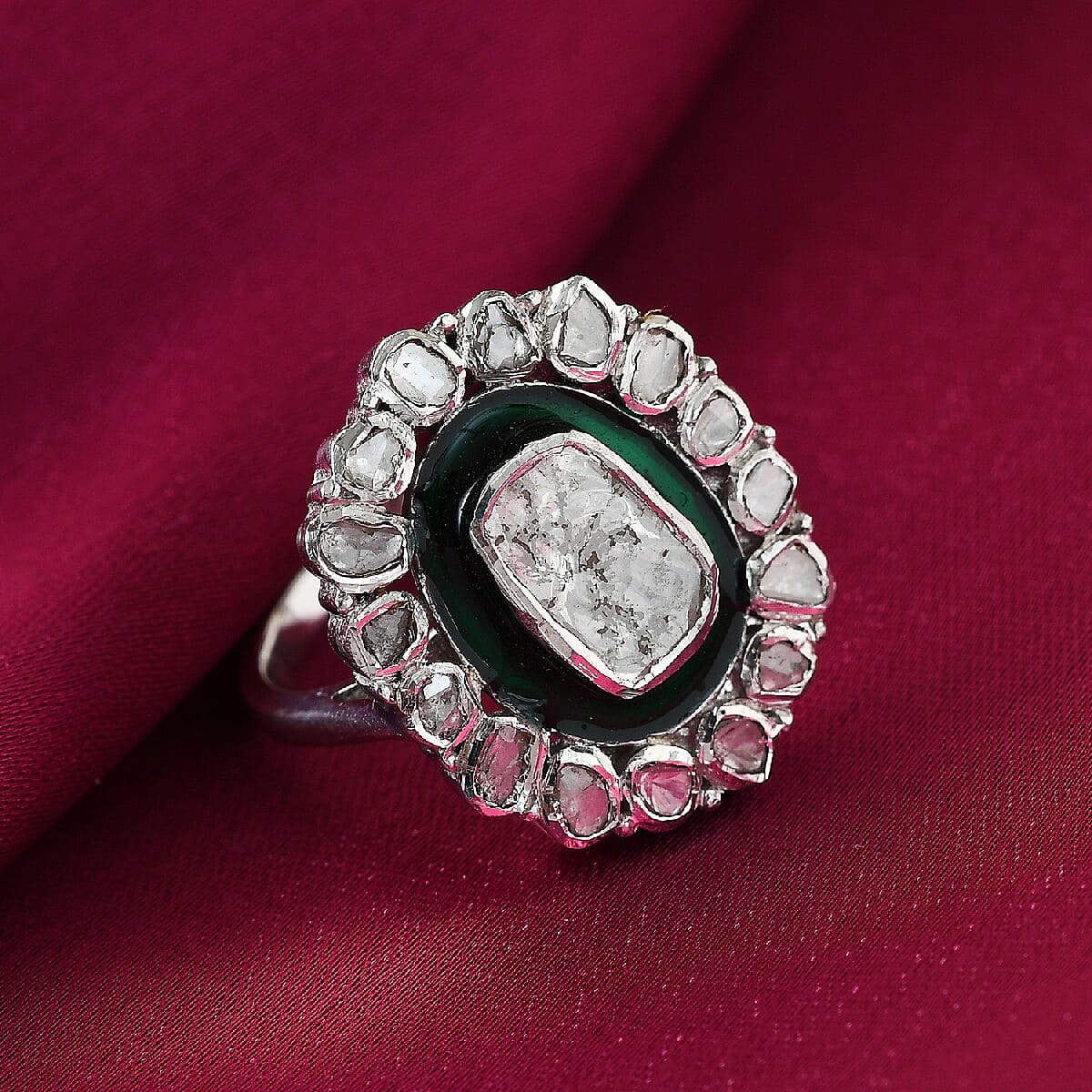 GP Polki Diamond and Blue Sapphire Enamelled Ring in Platinum Overlay Sterling Silver 1.020 Ct., Silver wt 5.70 Gms