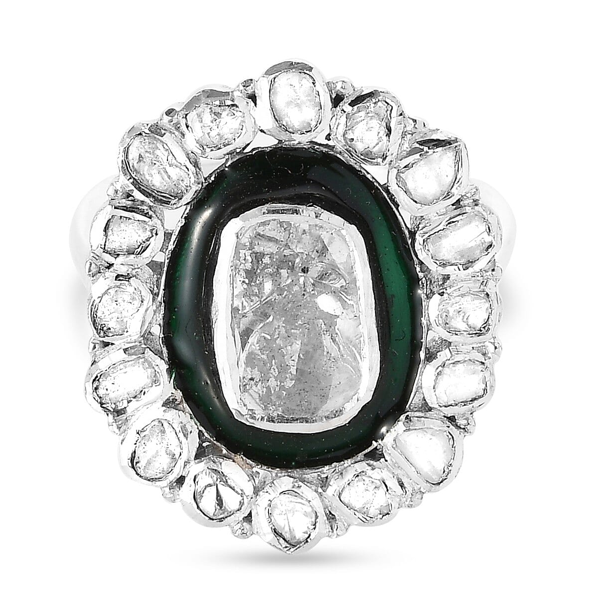 GP Polki Diamond and Blue Sapphire Enamelled Ring in Platinum Overlay Sterling Silver 1.020 Ct., Silver wt 5.70 Gms