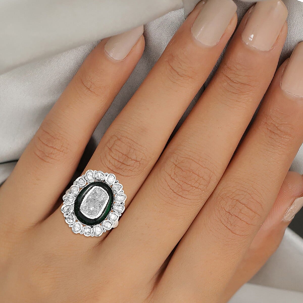 GP Polki Diamond and Blue Sapphire Enamelled Ring in Platinum Overlay Sterling Silver 1.020 Ct., Silver wt 5.70 Gms