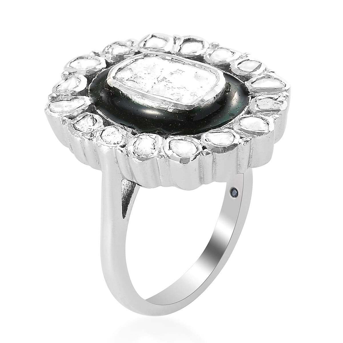 GP Polki Diamond and Blue Sapphire Enamelled Ring in Platinum Overlay Sterling Silver 1.020 Ct., Silver wt 5.70 Gms