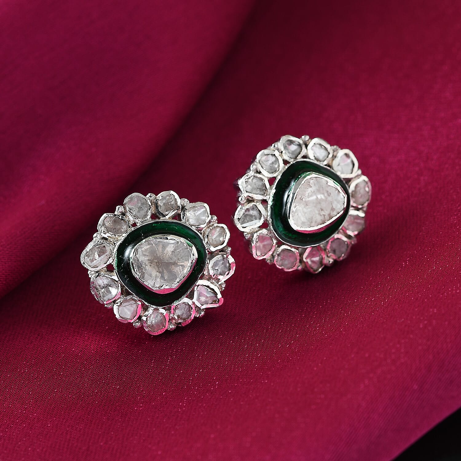 GP Polki Diamond and Blue Sapphire Enamelled Stud Earrings (with Push Back) in Platinum Overlay Sterling Silver 1.530 Ct.