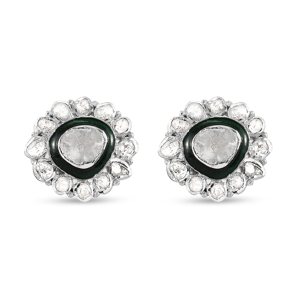 GP Polki Diamond and Blue Sapphire Enamelled Stud Earrings (with Push Back) in Platinum Overlay Sterling Silver 1.530 Ct.