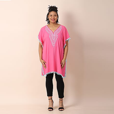 TAMSY 100% Viscose Embroidered Kaftan (Size 85x75x57 Cm) - Pink Shell & Light Blue