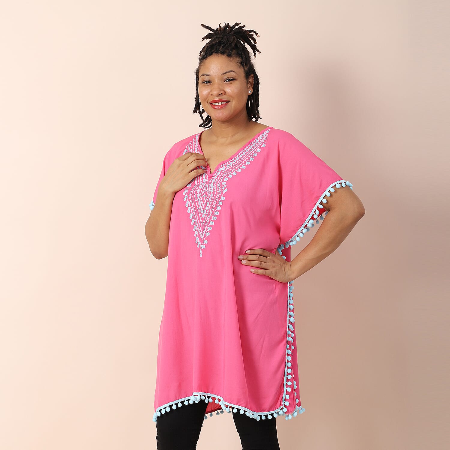 TAMSY 100% Viscose Embroidered Kaftan (Size 85x75x57 Cm) - Pink Shell & Light Blue