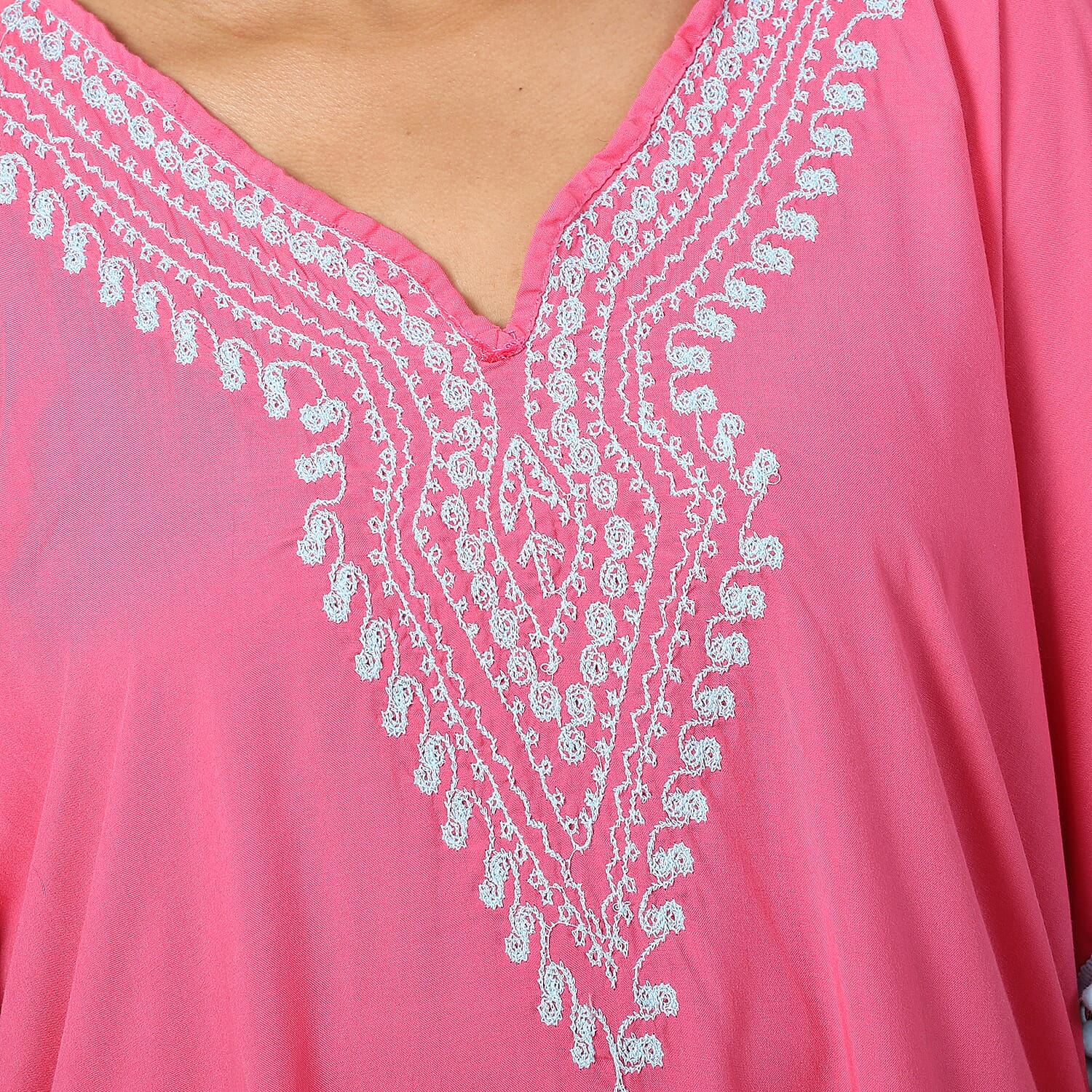 TAMSY 100% Viscose Embroidered Kaftan (Size 85x75x57 Cm) - Pink Shell & Light Blue