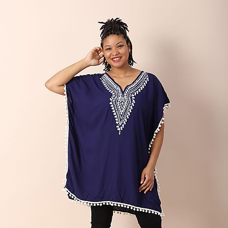 TAMSY 100% Viscose Kaftan (Size 75x57x85 Cm) - Navy Shell with Cream Embroidery