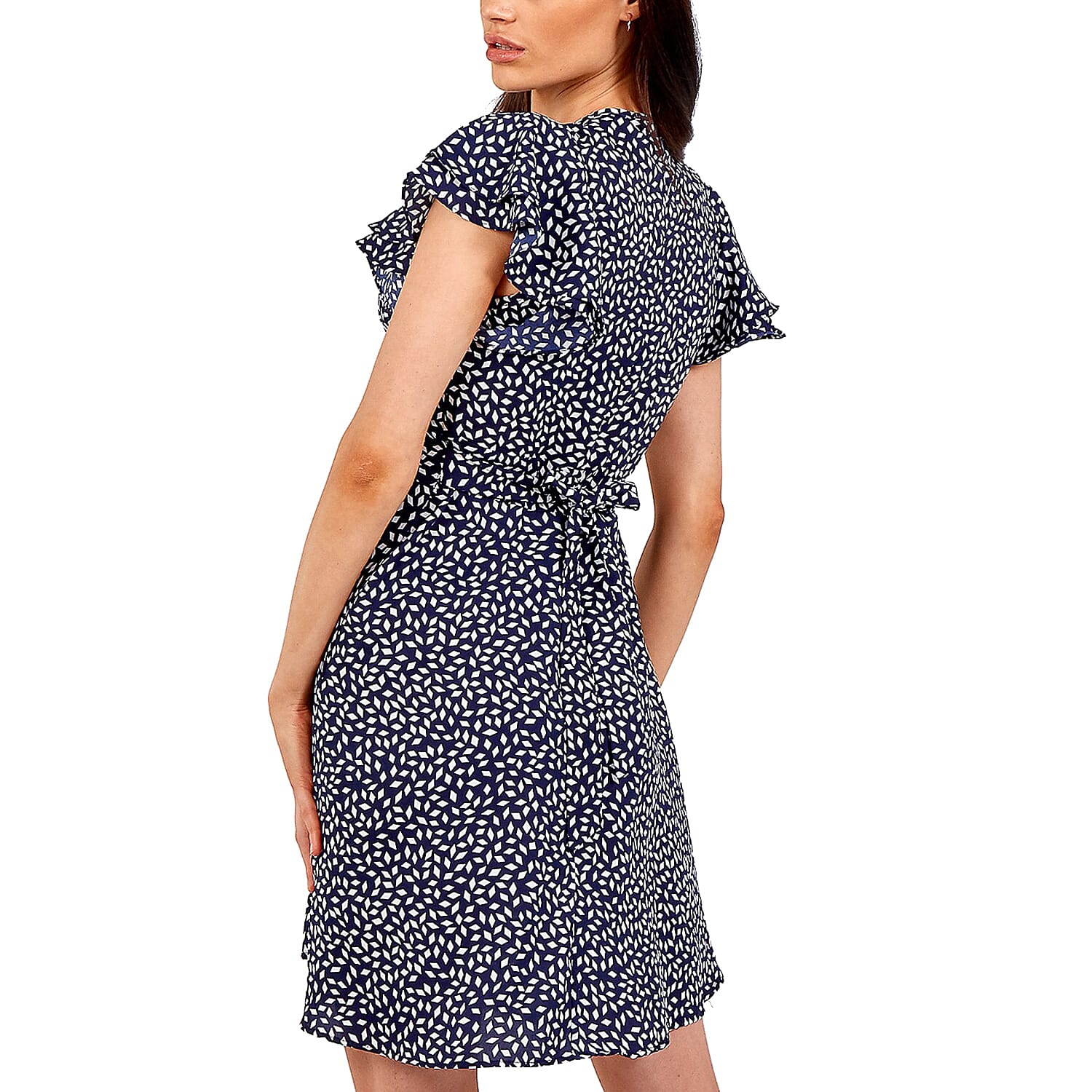 Nova of London Wrap Front Frill Sleeve Dress in Navy (Size 8)