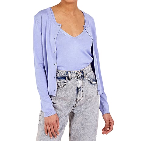 Nova of London 2 Piece Set - Jersey Stitch Crew Neck Vest & Cardigan in Lavender (Size Medium)