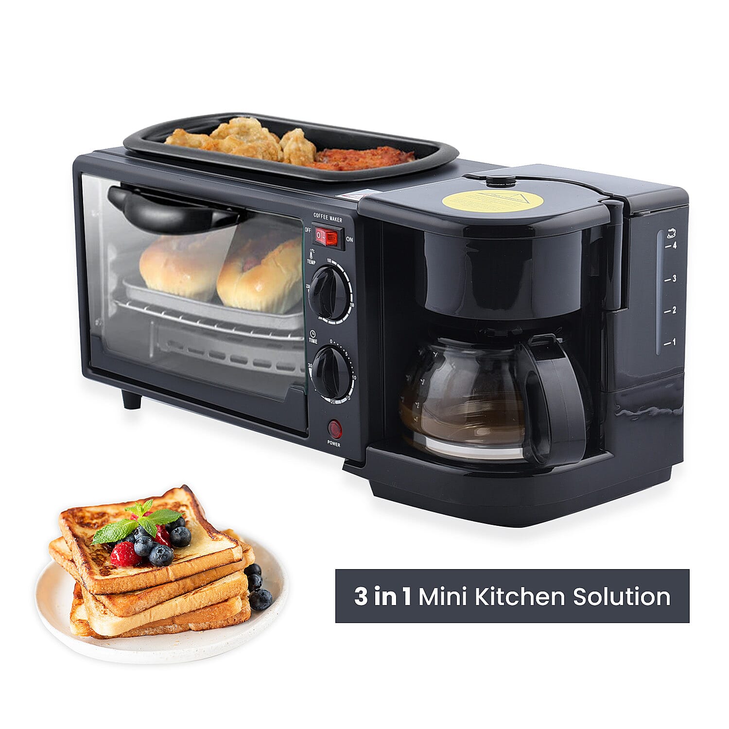3 in 1 Mini Kitchen Solution (Toaster Oven - 9 Litre, Coffee Pot - 600 ML and Frying Pan)