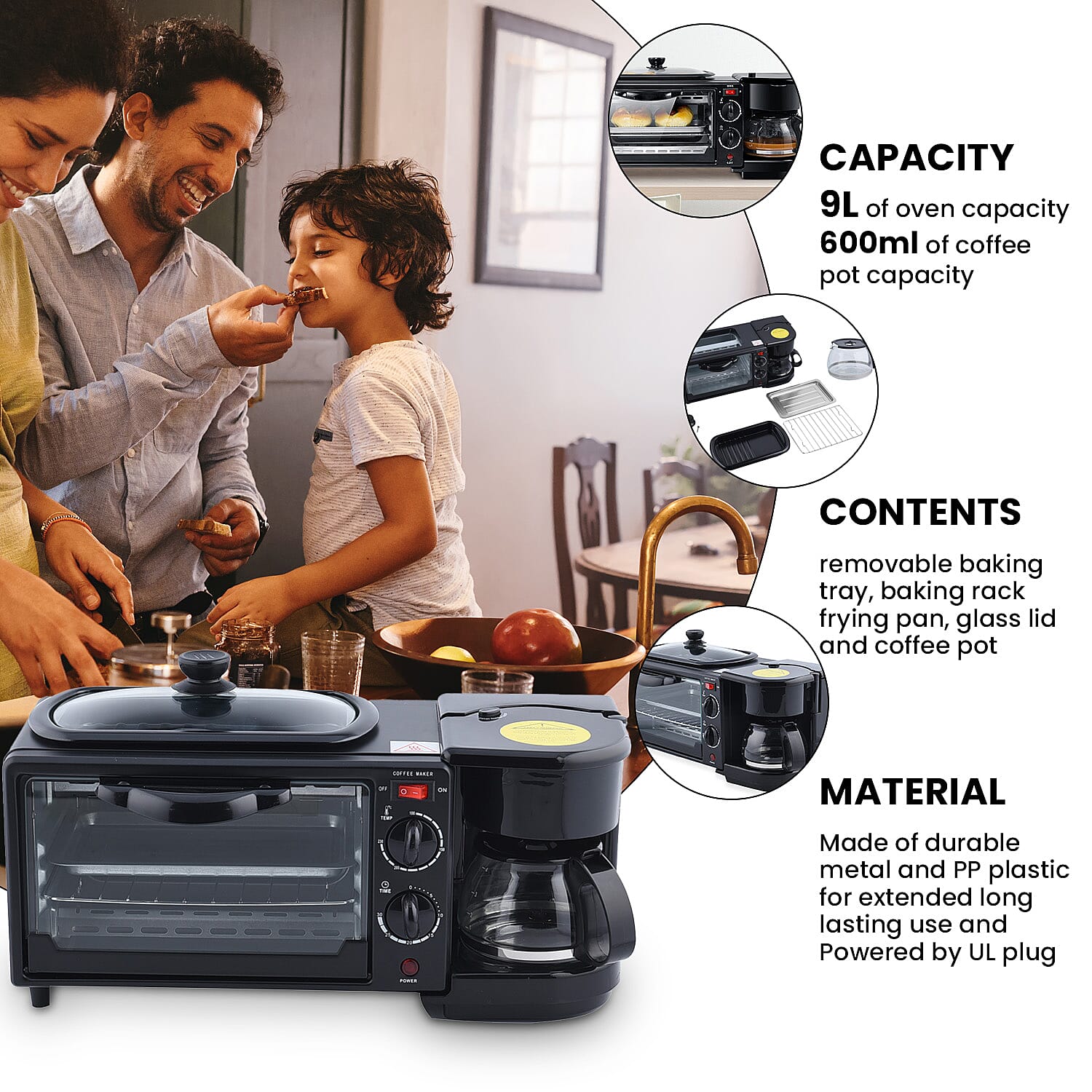 3 in 1 Mini Kitchen Solution (Toaster Oven - 9 Litre, Coffee Pot - 600 ML and Frying Pan)