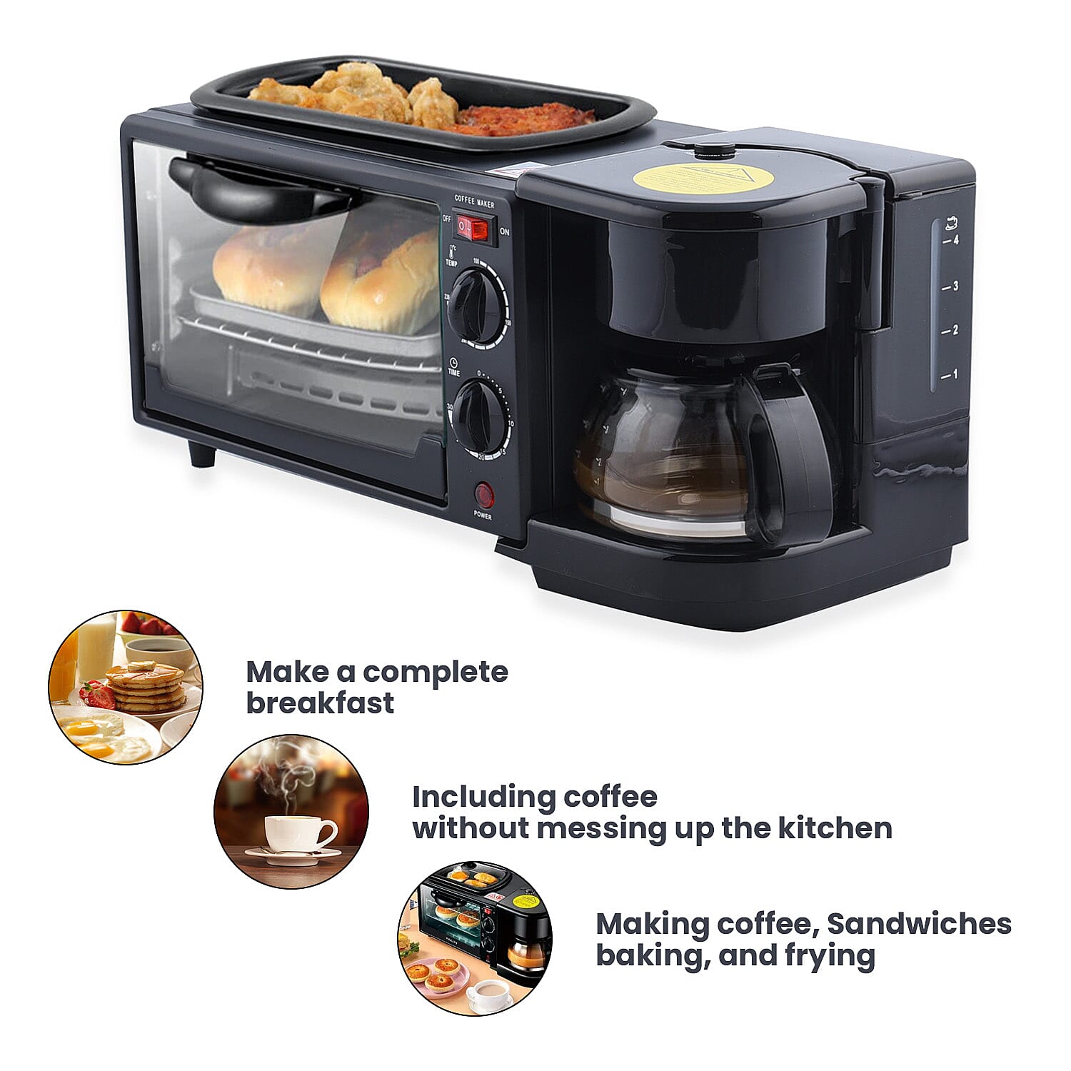 3 in 1 Mini Kitchen Solution (Toaster Oven - 9 Litre, Coffee Pot - 600 ML and Frying Pan)