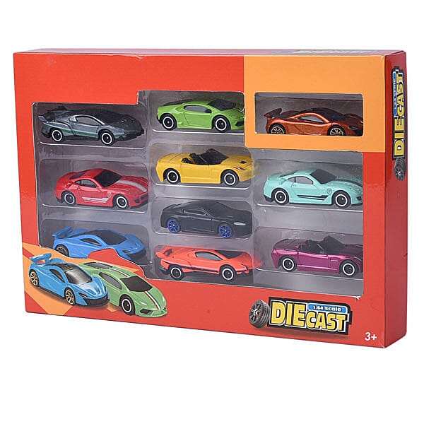 Set of 10 - 1-64 Scale Die Cast Free Wheel Car (Size 7x3 Cm) - Multi
