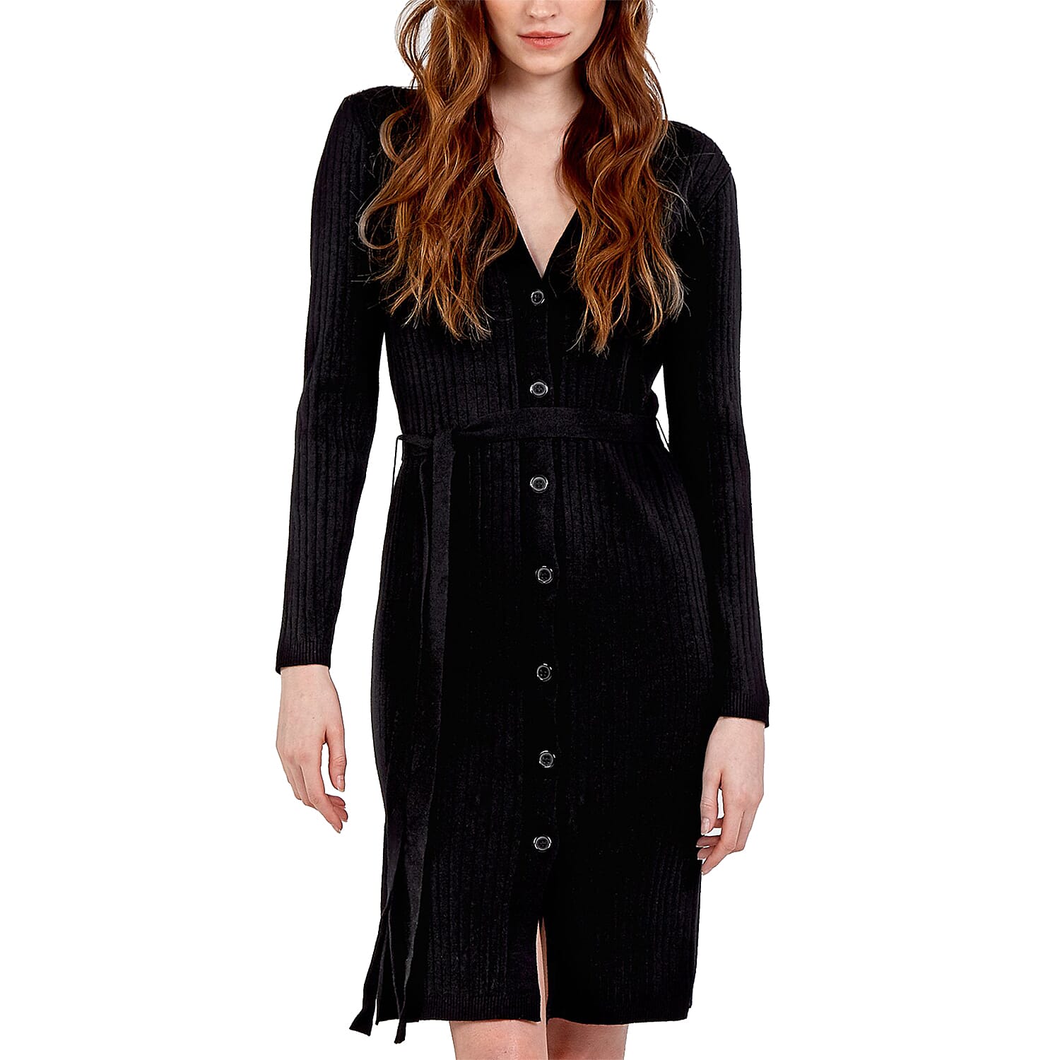 Nova of London Ribbed Long Button Up Cardigan with Tie Wrap in Black