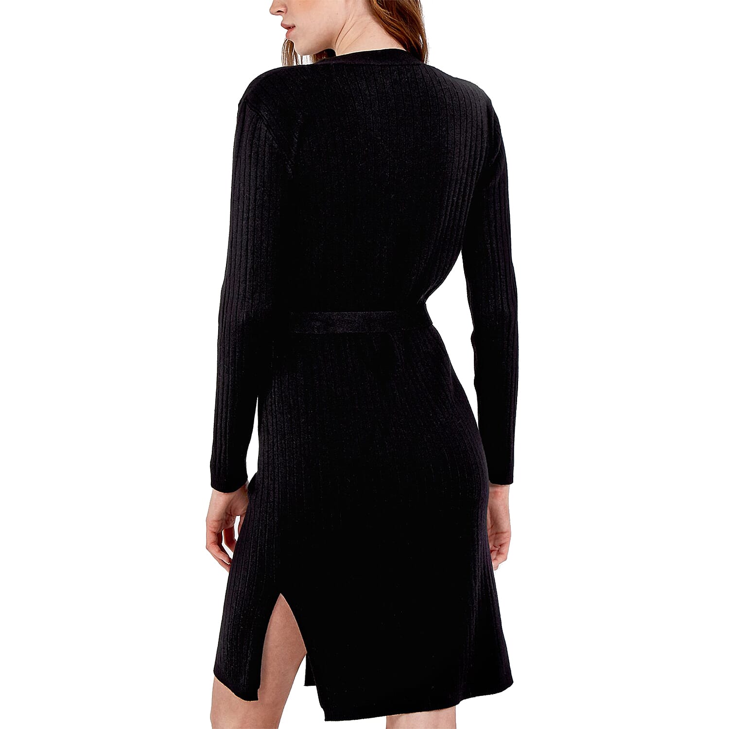 Nova of London Ribbed Long Button Up Cardigan with Tie Wrap in Black