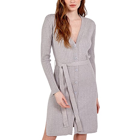 Nova of London Ribbed Long Button Up Cardigan with Tie Wrap in Grey (Size S-M)