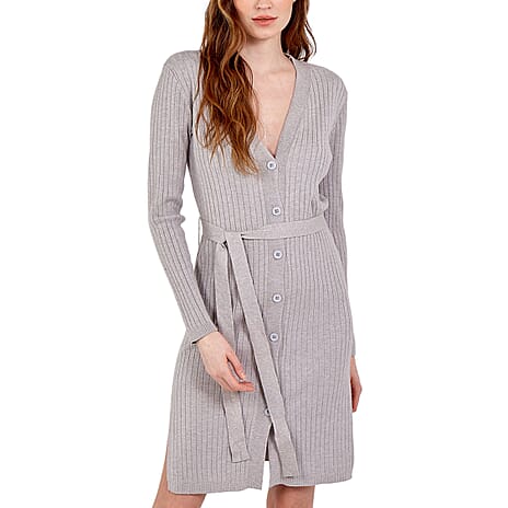 Nova of London Ribbed Long Button Up Cardigan with Tie Wrap in Grey (Size M-L)