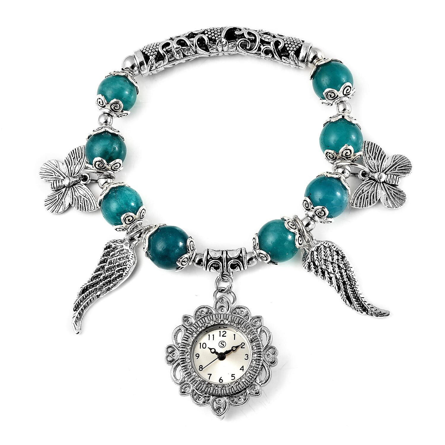 STRADA Japanese Movement White Austrian Crystal Studded Amazonite Beads Stretchable Bracelet (6.5-7) Water Resistant Butterfly & Angel Wing Charm Watch in Silver Tone