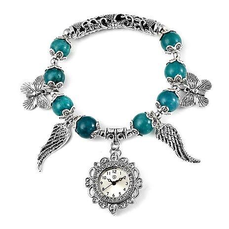 STRADA Japanese Movement White Austrian Crystal Studded Amazonite Beads Stretchable Bracelet (6.5-7) Water Resistant Butterfly & Angel Wing Charm Watch in Silver Tone
