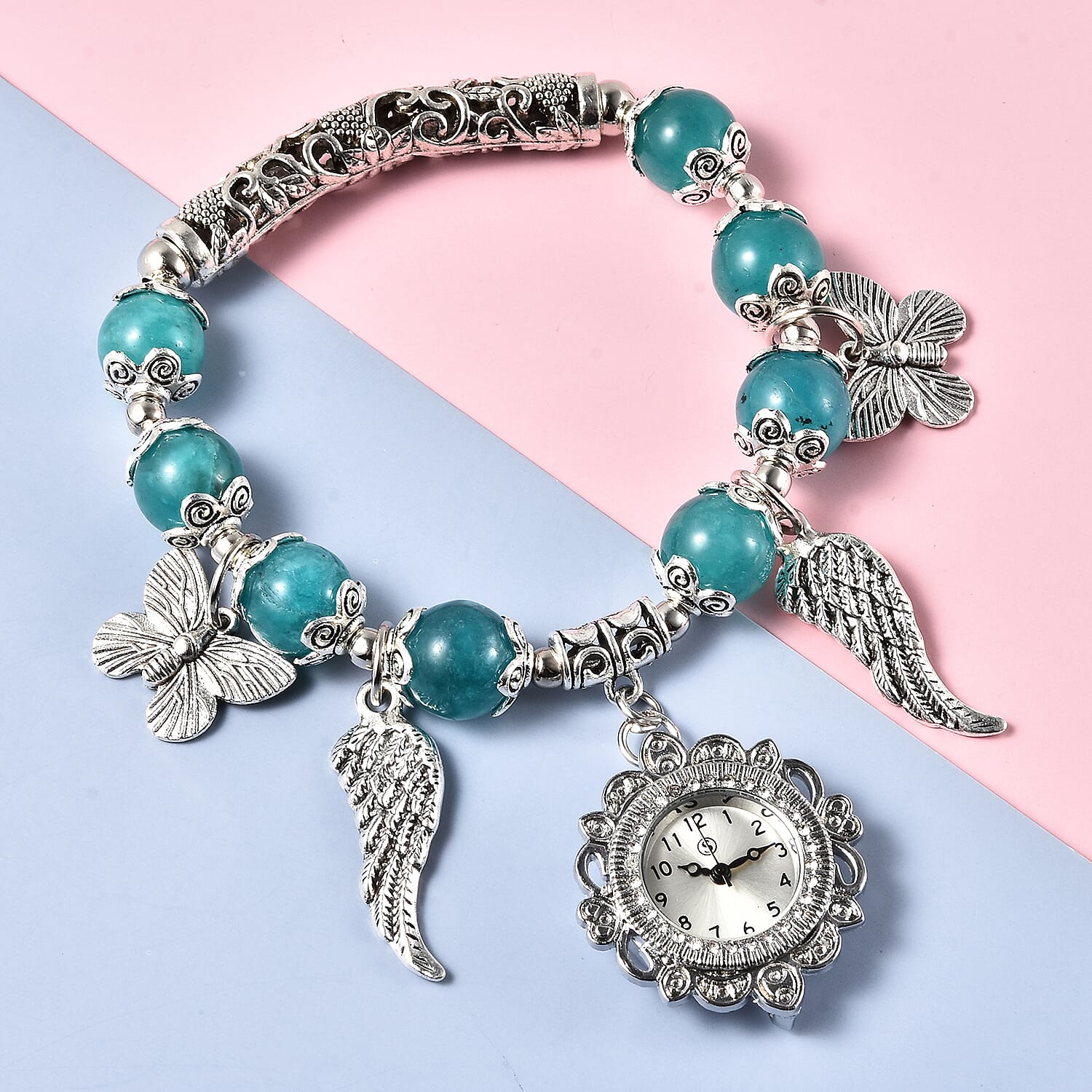 STRADA Japanese Movement White Austrian Crystal Studded Amazonite Beads Stretchable Bracelet (6.5-7) Water Resistant Butterfly & Angel Wing Charm Watch in Silver Tone