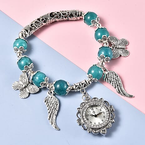 STRADA Japanese Movement White Austrian Crystal Studded Amazonite Beads Stretchable Bracelet (6.5-7) Water Resistant Butterfly & Angel Wing Charm Watch in Silver Tone
