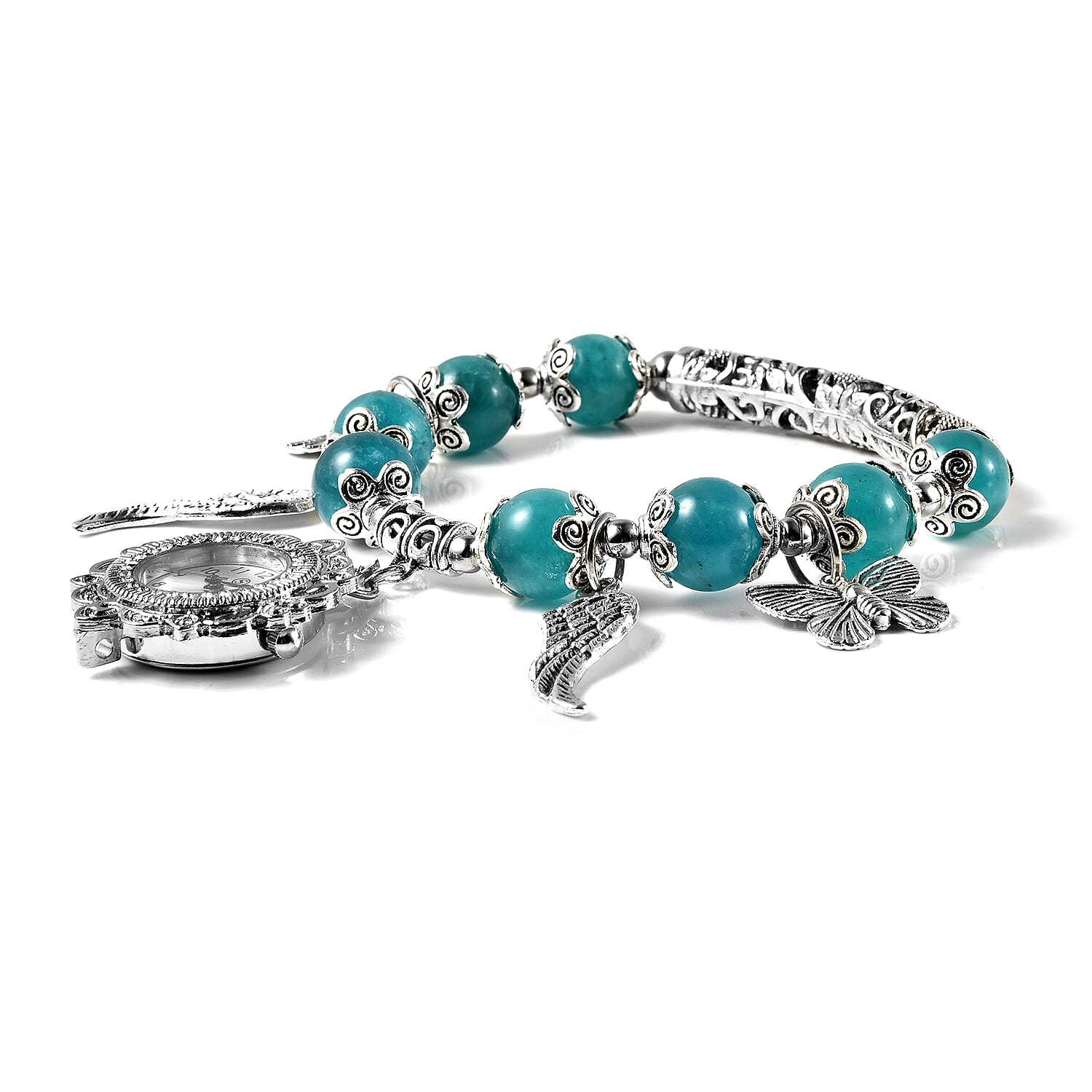 STRADA Japanese Movement White Austrian Crystal Studded Amazonite Beads Stretchable Bracelet (6.5-7) Water Resistant Butterfly & Angel Wing Charm Watch in Silver Tone