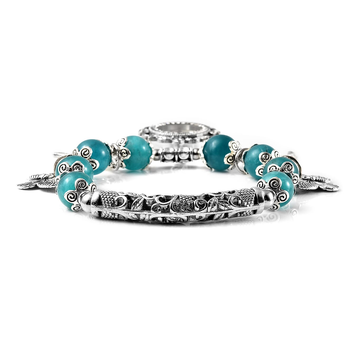 STRADA Japanese Movement White Austrian Crystal Studded Amazonite Beads Stretchable Bracelet (6.5-7) Water Resistant Butterfly & Angel Wing Charm Watch in Silver Tone