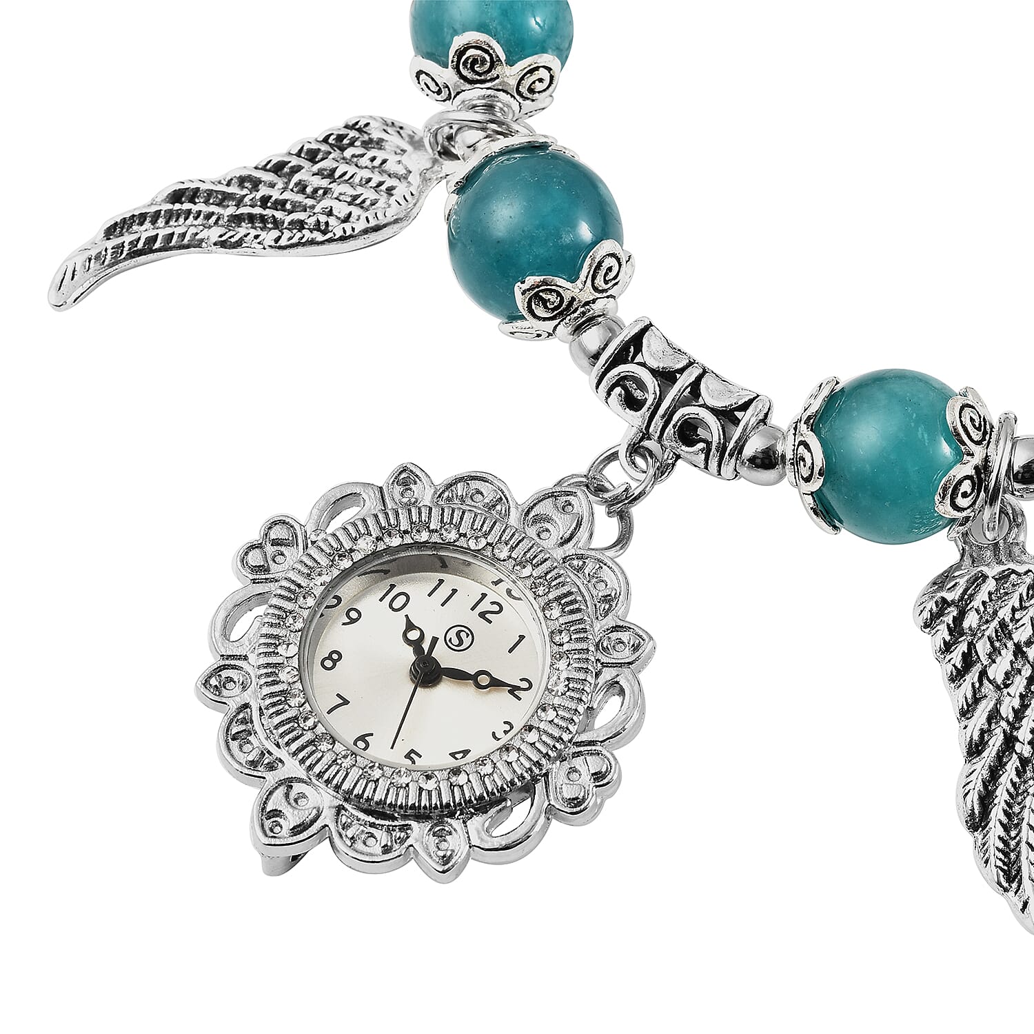 STRADA Japanese Movement White Austrian Crystal Studded Amazonite Beads Stretchable Bracelet (6.5-7) Water Resistant Butterfly & Angel Wing Charm Watch in Silver Tone