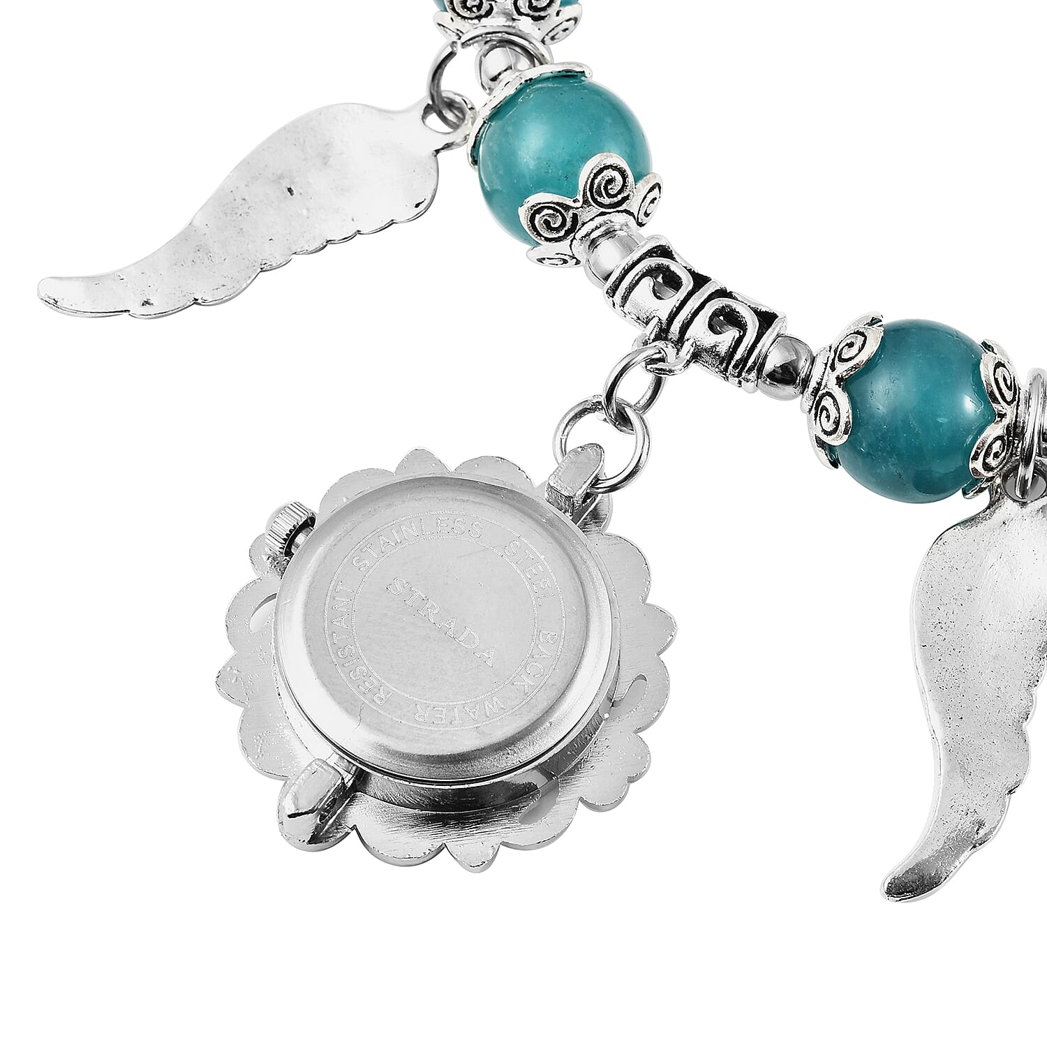 STRADA Japanese Movement White Austrian Crystal Studded Amazonite Beads Stretchable Bracelet (6.5-7) Water Resistant Butterfly & Angel Wing Charm Watch in Silver Tone