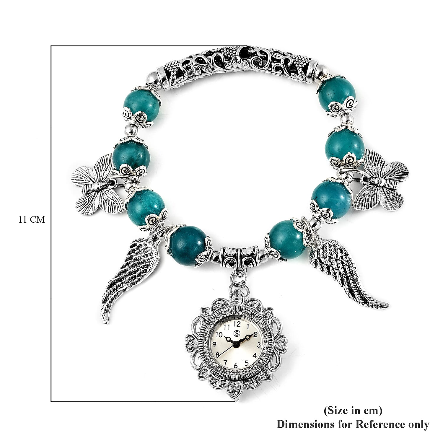 STRADA Japanese Movement White Austrian Crystal Studded Amazonite Beads Stretchable Bracelet (6.5-7) Water Resistant Butterfly & Angel Wing Charm Watch in Silver Tone