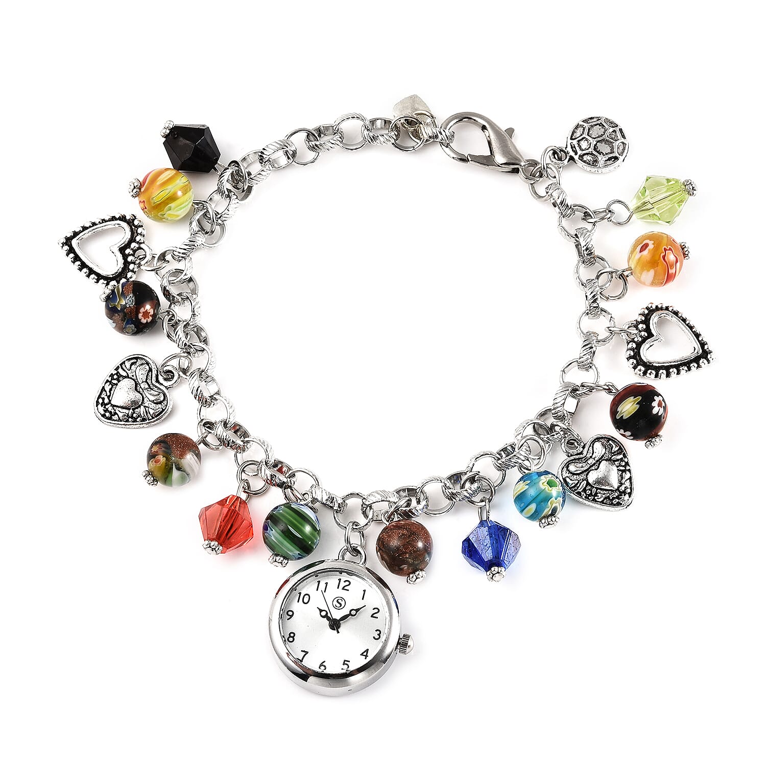 STRADA Japanese Movement Multi Colour Murano Beads Water Resistant Adjustable Charms Bracelet Watch (Size 6.5-7) in Silver Tone