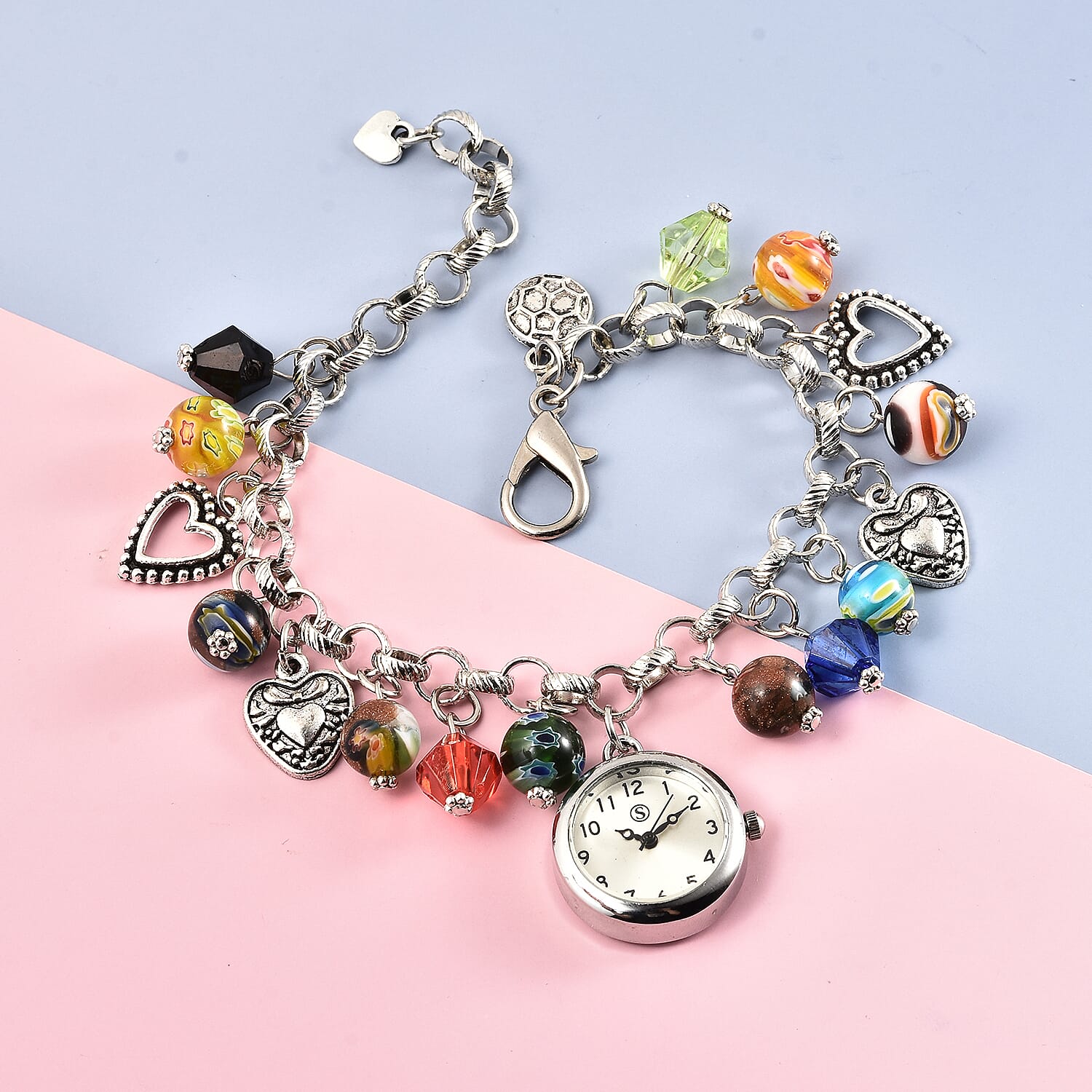 STRADA Japanese Movement Multi Colour Murano Beads Water Resistant Adjustable Charms Bracelet Watch (Size 6.5-7) in Silver Tone