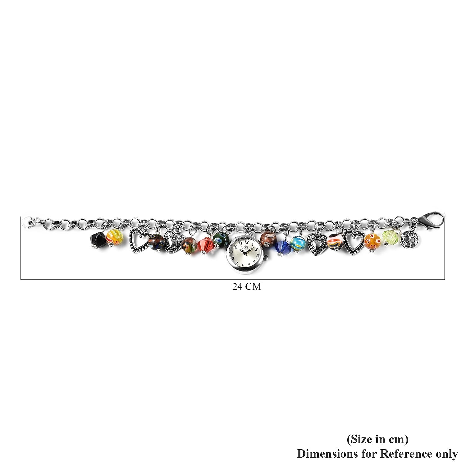 STRADA Japanese Movement Multi Colour Murano Beads Water Resistant Adjustable Charms Bracelet Watch (Size 6.5-7) in Silver Tone
