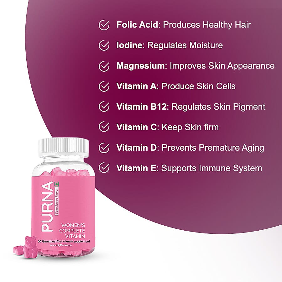 PURNA: Complete Beauty Multivitamin 30 Gummies for Adults & Kids - Strawberry