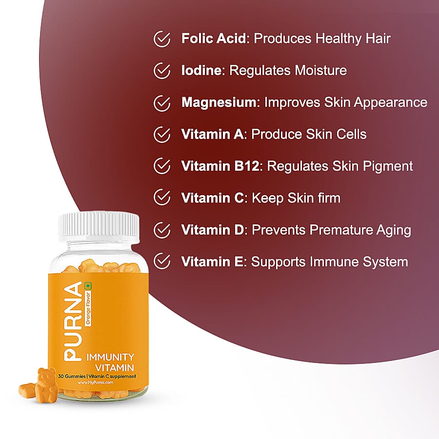PURNA: Bright Skin Vitamin C 30 Gummies for Adults & Kids - Immunity Orange