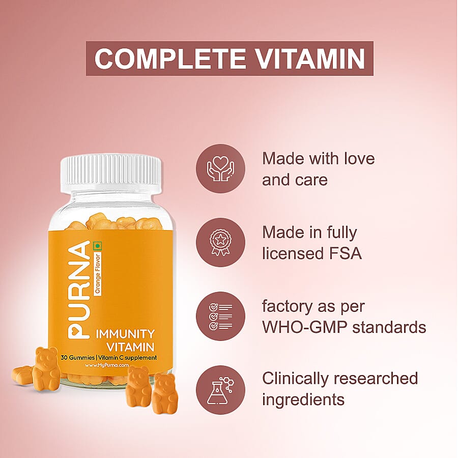PURNA: Bright Skin Vitamin C 30 Gummies for Adults & Kids - Immunity Orange